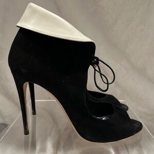 Ferragamo black suede with white leather open toe 4” heel